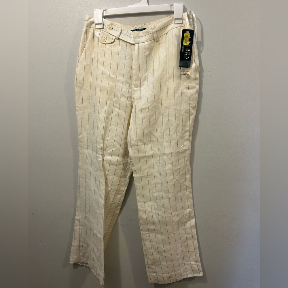 NWT Lauren Ralph Lauren Petite 100% Linen Cream and Navy striped Pants Size 8P